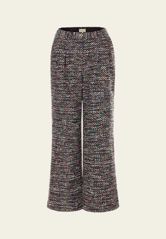 Mixed tweed Hollow-carved Crystal Button Flared Trousers