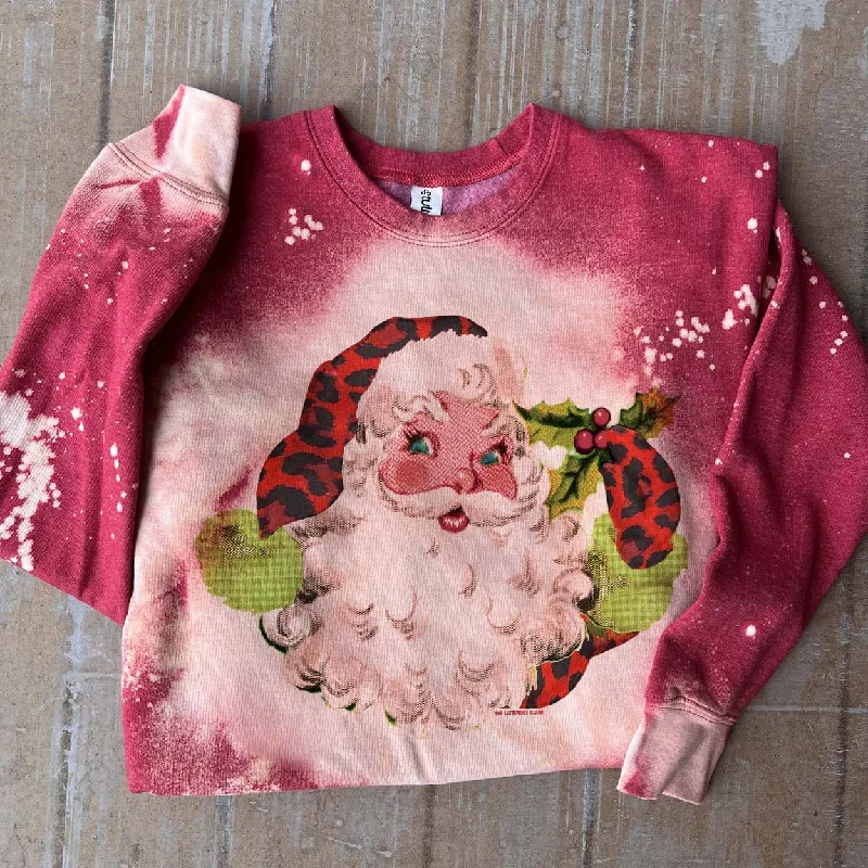 Online Exclusive | Red Leopard Santa Long Sleeve Bleached Splatter Graphic Sweatshirt in Red