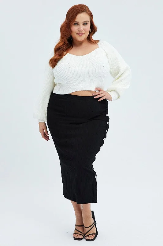 Black Midi Skirt Rib Jersey Snap Button Through