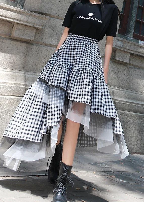 Chic Black White Plaid Ruffles Patchwork Lace Skirt Summer ( Limited Stock)