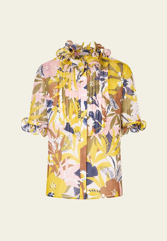 Yellow Floral Print Ruffled Chiffon Blouse