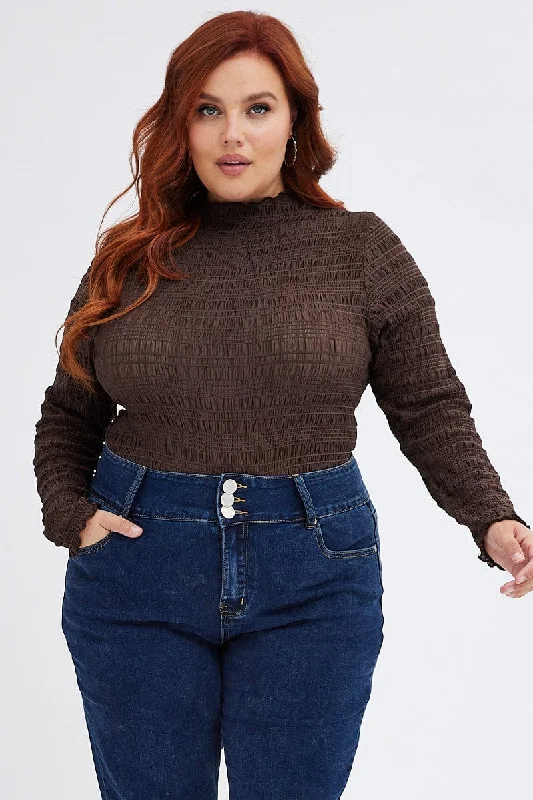 Brown Bodysuit Long Sleeve High Neck