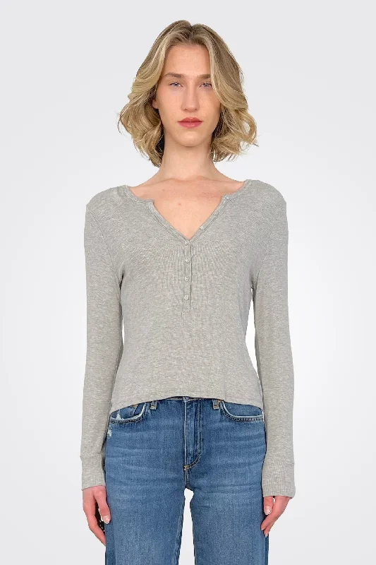 Eva Long Sleeve Henley - Heather Grey