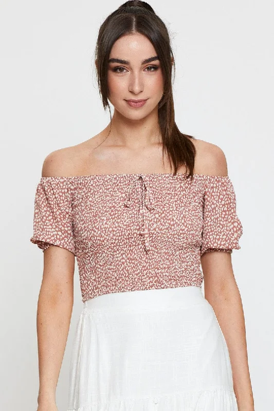 Geo Print Puff Sleeve Top Short Sleeve Crop Off Shoulder