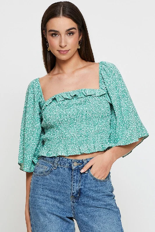 Green Print Crop Top Short Sleeve Crop Square Neck