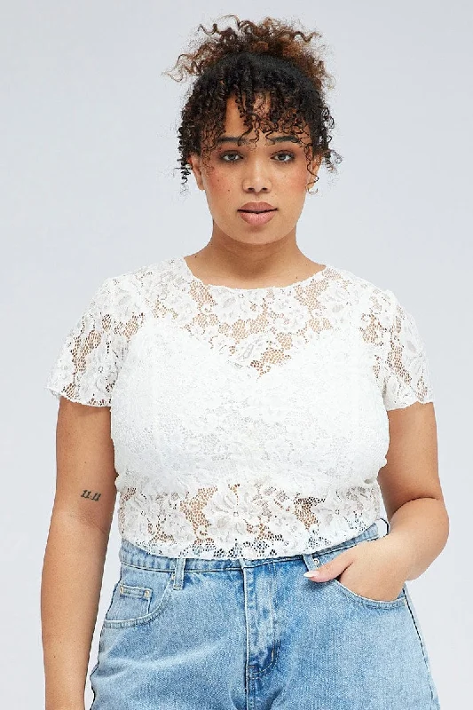 White Lace Crop Top Short Sleeve Round Neck