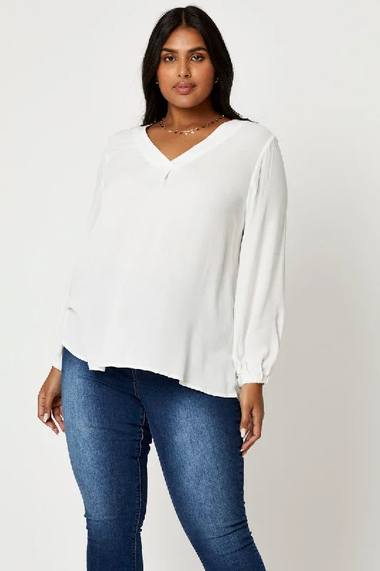 White Plus V-neck Long Sleeve Top