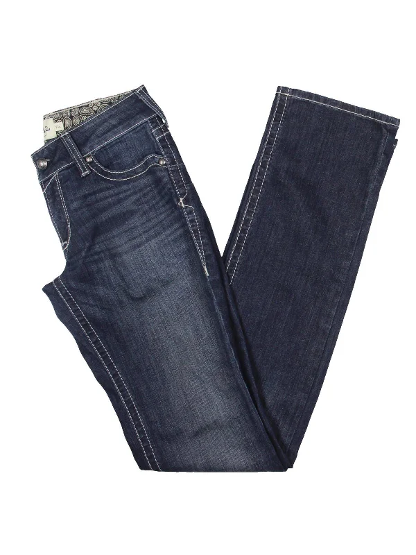 Womens Mid-Rise Whisker Wash Straight Leg Jeans