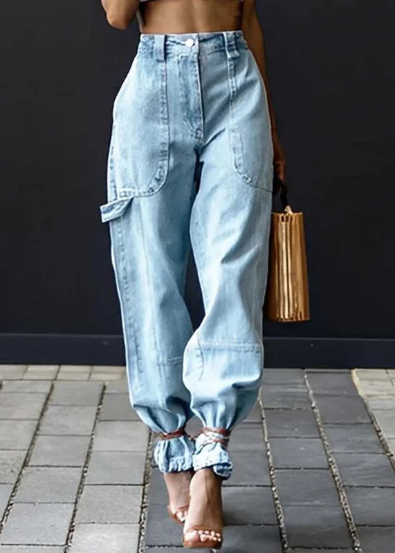 Modern Light Blue Elastic Waist Oversized Denim Pants Summer