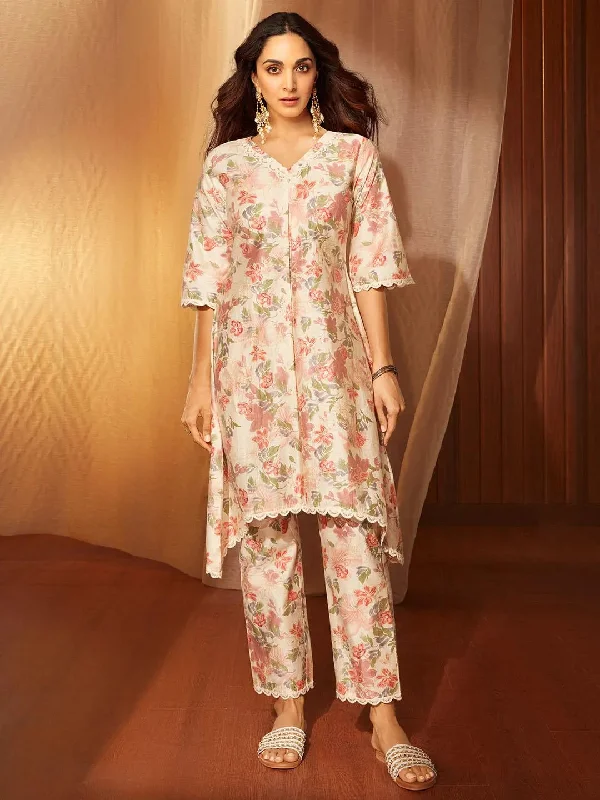 Khwaab Beige Printed Chanderi Silk A-Line Kurta With Trousers