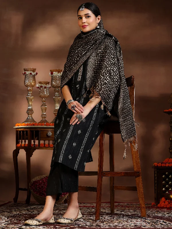 Black Woven Design Cotton Blend Straight Suit With Dupatta