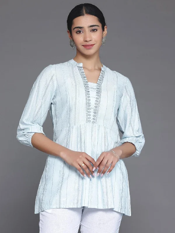 Blue Woven Design Cotton Blend Straight Kurti