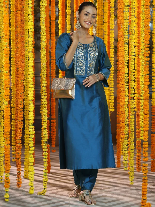 Blue Yoke Design Silk Blend A-Line Kurta With Trousers