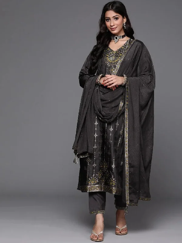 Charcoal Self Design Silk Straight Kurta With Dupatta