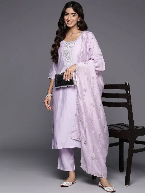 Lavender Yoke Design Silk Blend Straight Suit With Dupatta