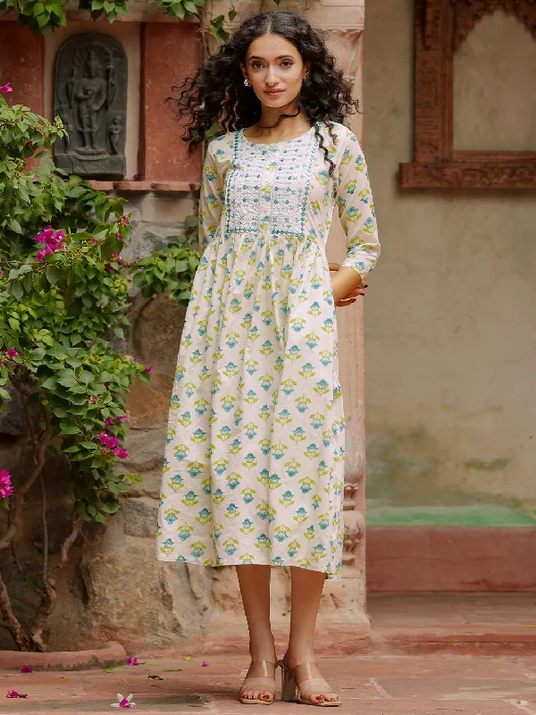 White Printed Cotton Fit and Flare Dress