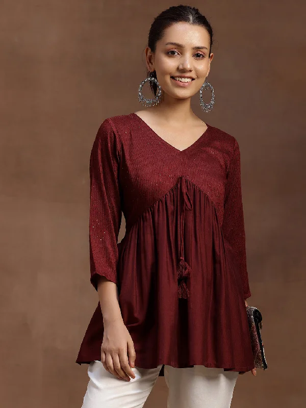 Wine Embellished Silk Blend A-line Kurti