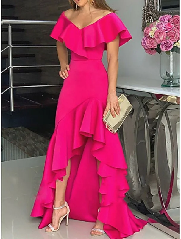 A-Line Evening Gown Minimalist Dress Wedding Guest Homecoming Asymmetrical Sleeveless Off Shoulder Stretch Satin with Ruffles Slit