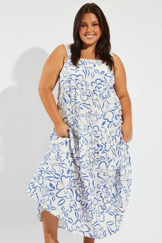 Blue Abstract Maxidress Shirred Back Tiered