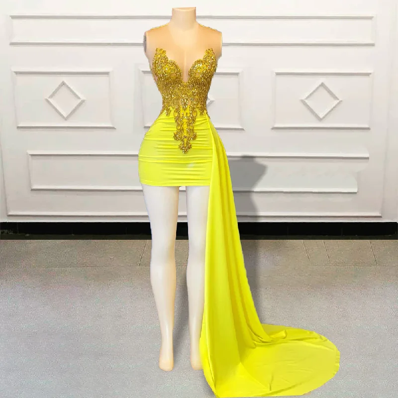 Glitter Beaded Crystal Diamond Short Prom Dresses Yellow Sleeveless Sexy Black Girls Mini Cocktail Gowns for Birthday Party