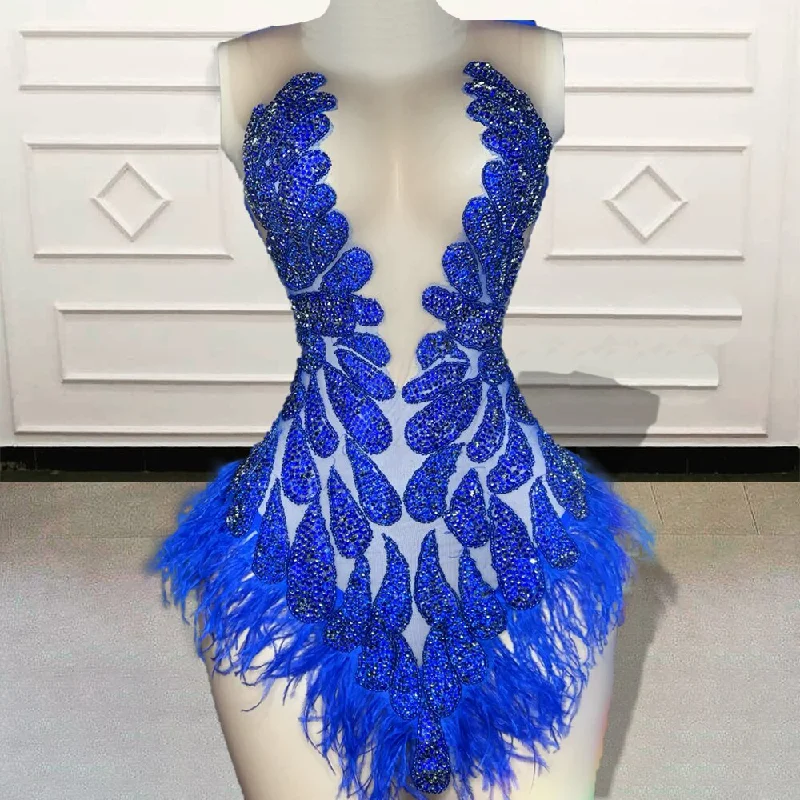 Glitter Beaded Feather Black Girls Blue Short Prom Dresses Sexy Women Mini Cocktail Gowns for Birthday Party Custom Made