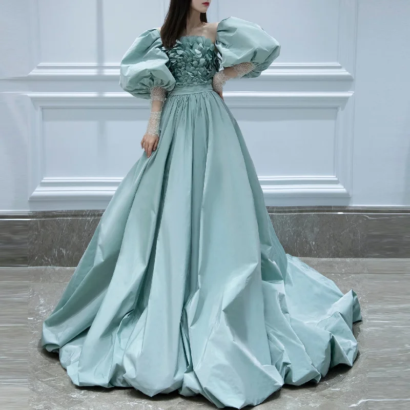 A-line Prom Dresses Party Gown with Detachable Lanter Sleeve