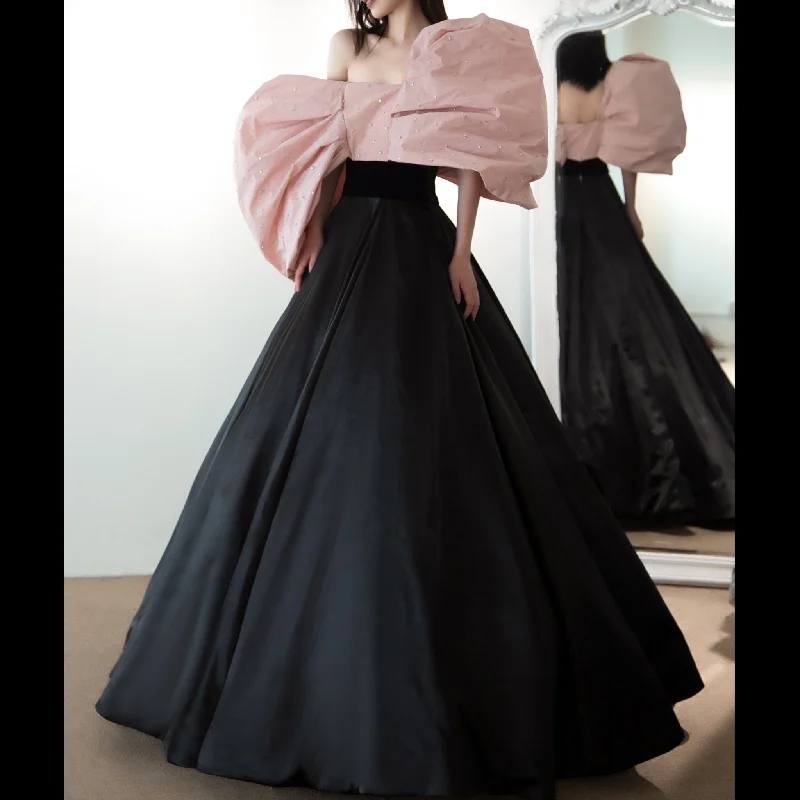 Big Puffy Sleeve Black & Pink Formal Dress Party Gowns Floor Length