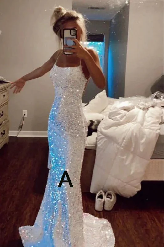 Mermaid White Iridescent Prom Dress 2025 Sequin Sparkly Evening Gown Backless