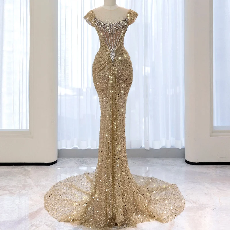 Gold Sparkly Mermaid Evening Dress Formal Party Gown with Fishtail