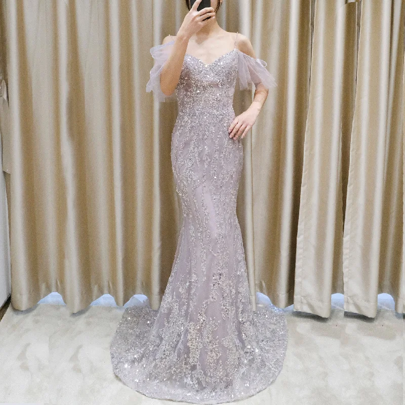 Off Shoulder Light Purple Sparkly Evening Dress Party Gown