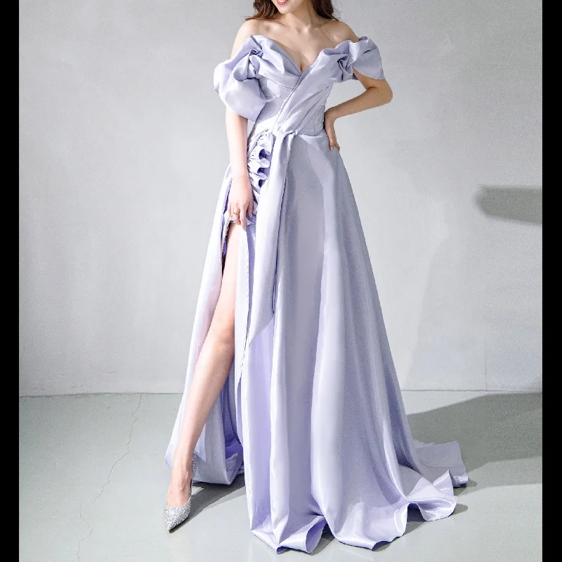 Off Shoulder Ruched Satin Evening Party Gown Wedding Guest Dress