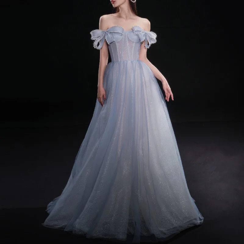 Off the Shoulder A-line Baby Blue Prom Gown Party Dress with Bowknot