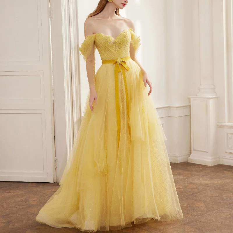 Off the Shoulder A-line Tulle Gold Formal Dress & Evening Gown