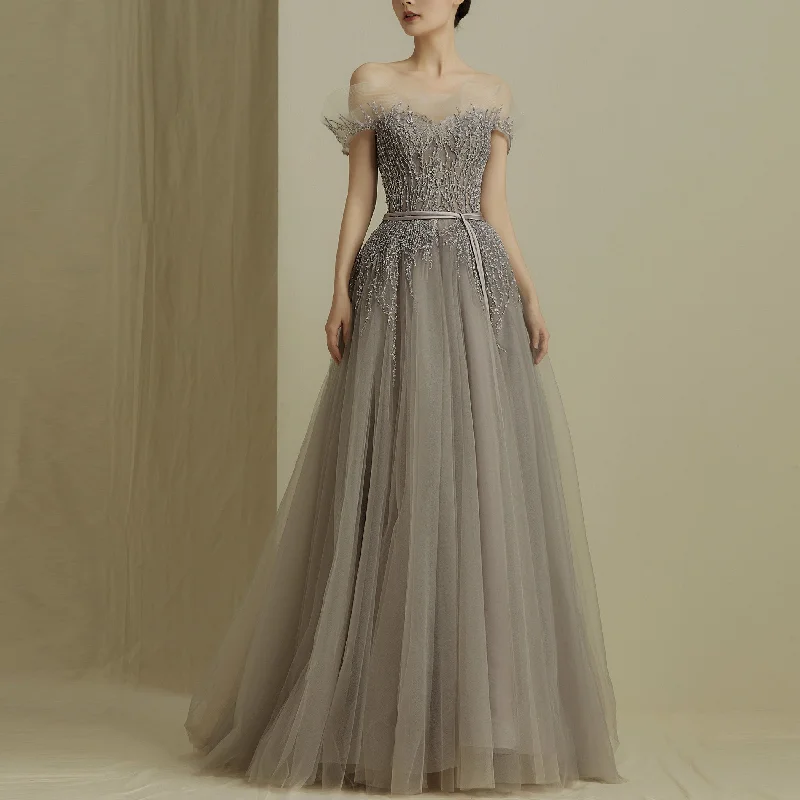 Off the Shoulder A-line Tulle Gray Evening Dress with Crystals