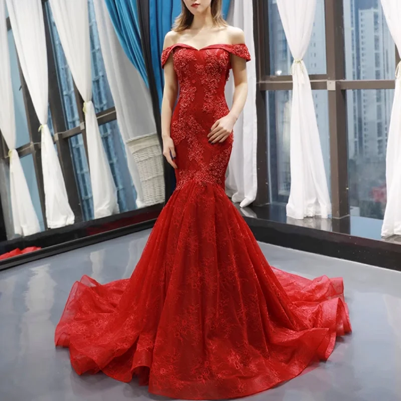 Red Mermaid Lace Prom Dress Off Shoulder Trumpet Evening Gown