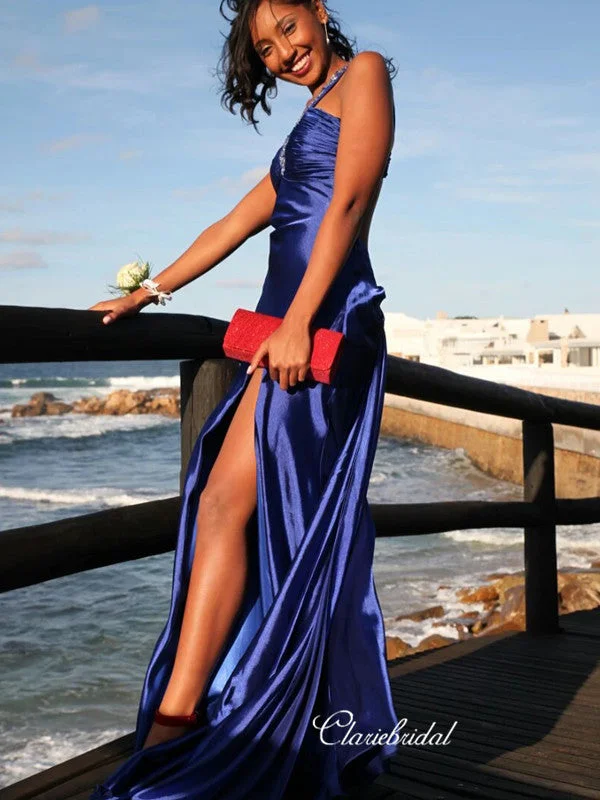 Rhinestones V-neck Long Prom Dresses, Popular Slit Party Prom Dresses