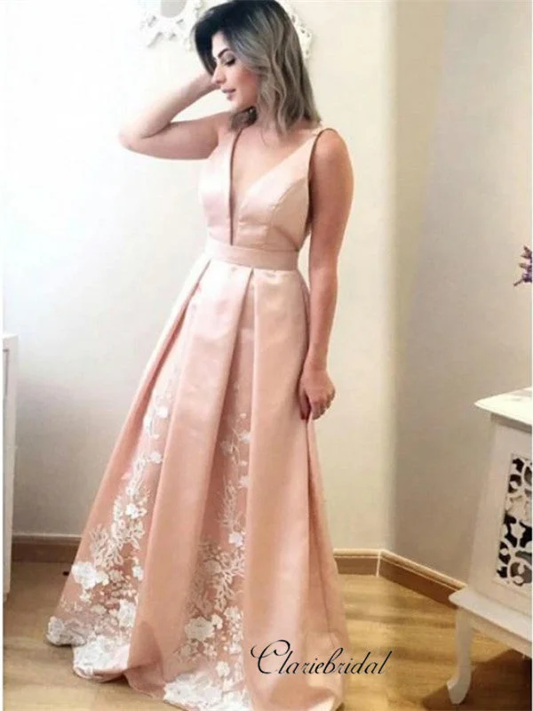 Satin Long Graduation Evening Party Prom Dresses, Lace Prom Dresses