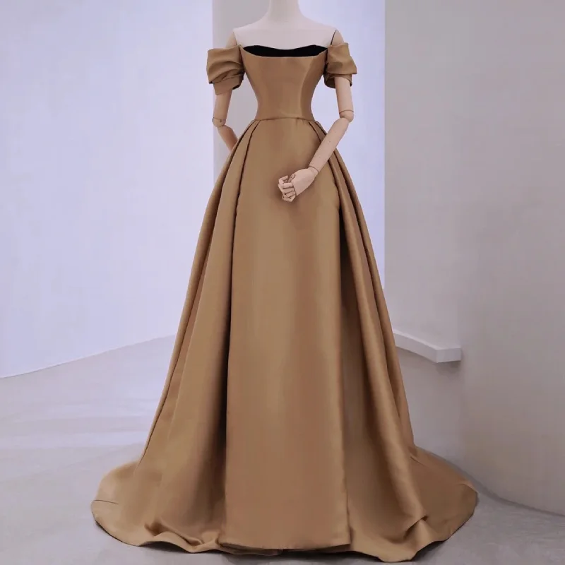 Short Sleeve Off Shoulder Coffee Satin Prom Dress Party Gown