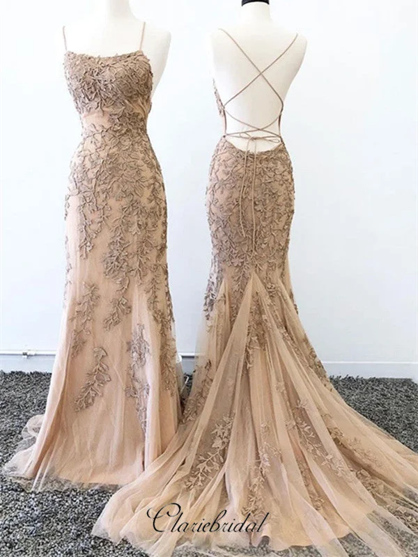 Spaghetti Straps Open Back Prom Dresses, Elegant Lace Prom Dresses, Evening Party Dresses