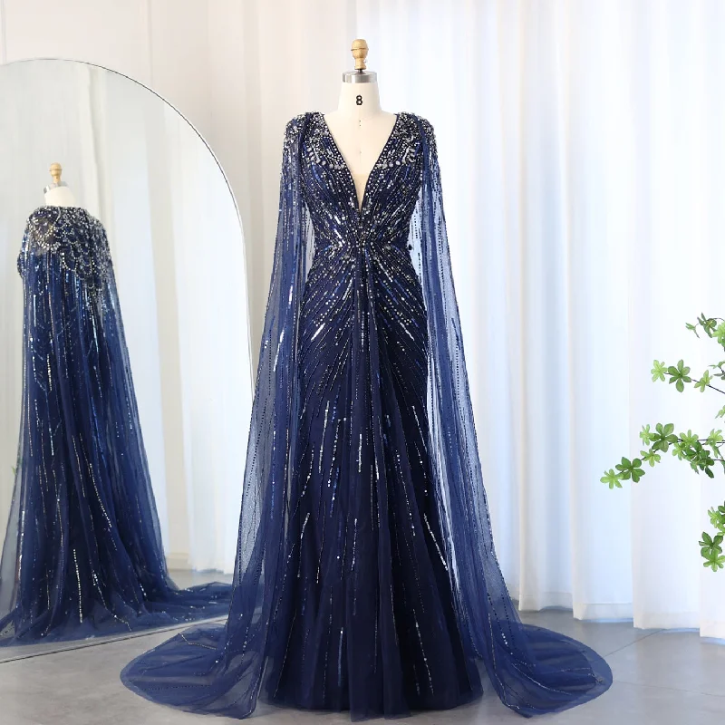 Sparkly Vneck Formal Dress Evening Gown with Cape Sleeve