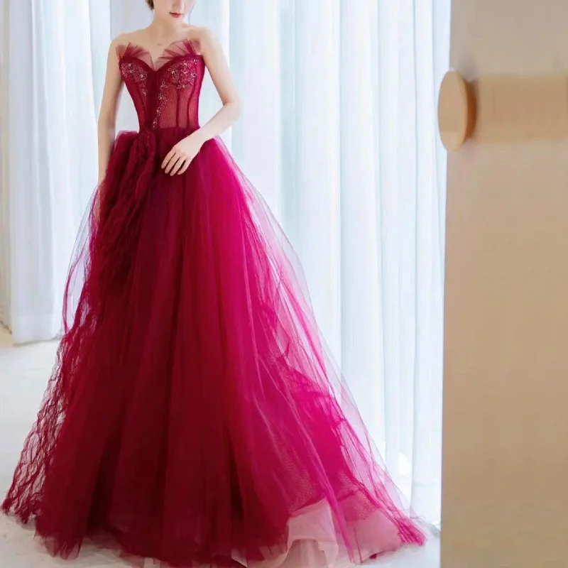 Strapless A-line Red Tulle Evening Dresses Party Gowns