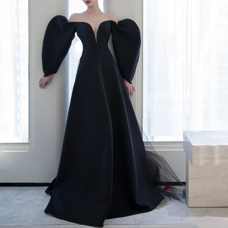 Unique Design Black Formal Gown Evening Party Dress with Puffy Sleeve