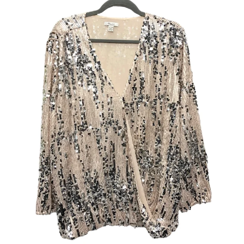 Blouse Long Sleeve By Cato In Silver & Tan, Size: 22