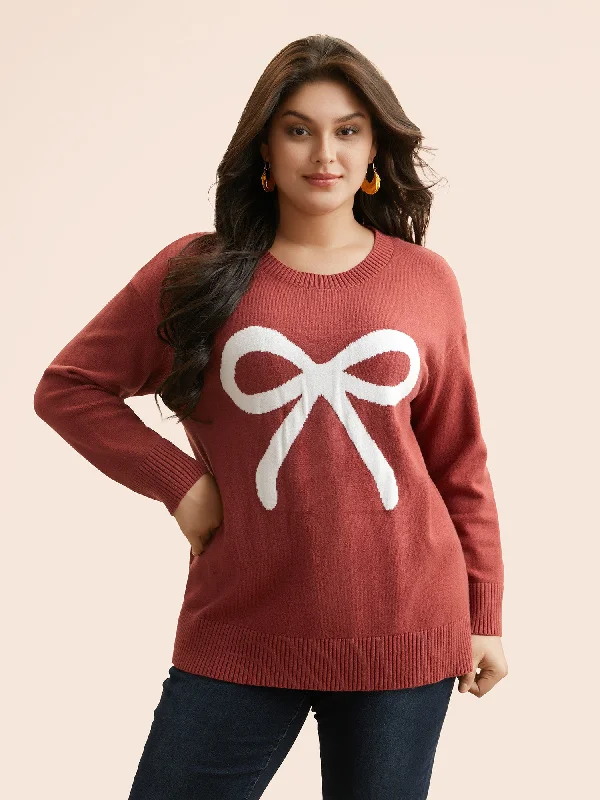 Bowknot Jacquard Drop Shoulder Pullover