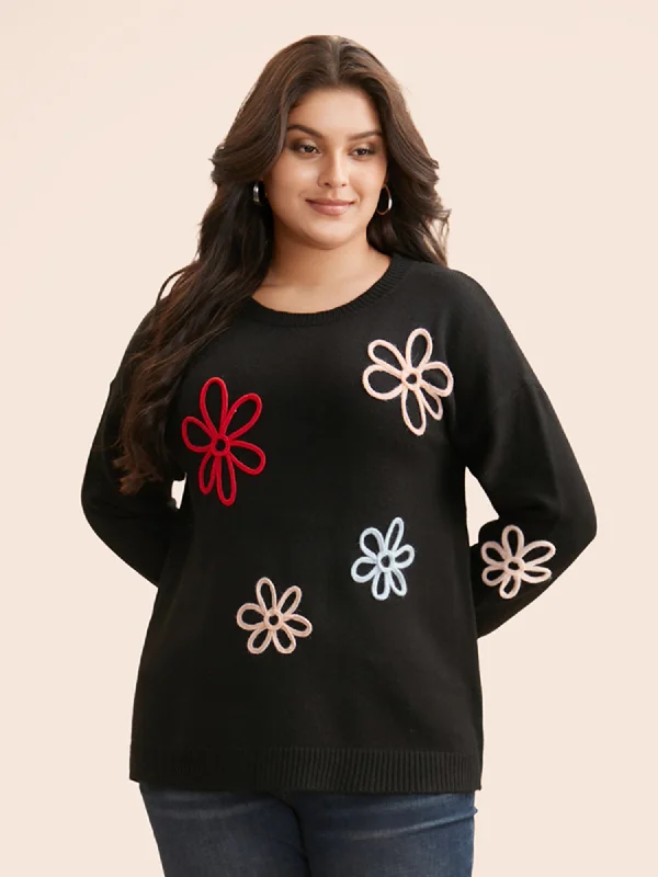 Crochet Floral Crew Neck Pullover