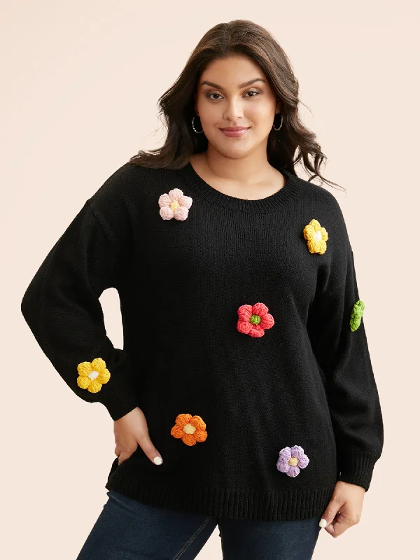 Crochet Floral Drop Shoulder Sleeve Pullover