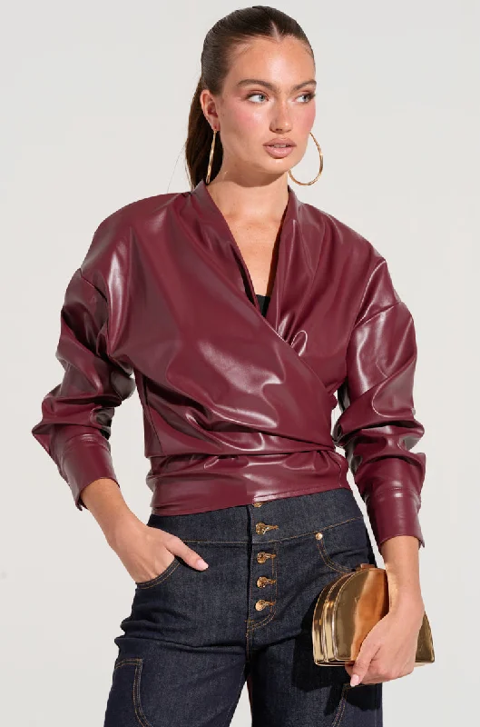 DYLAN FAUX LEATHER WRAP FRONT BLOUSE