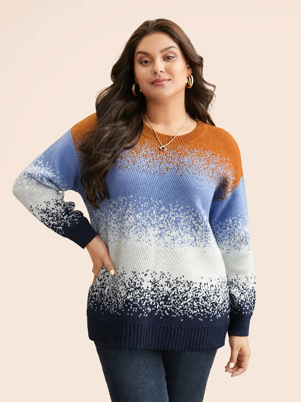 Gradient Dyeing Contrast Drop Shoulder Pullover