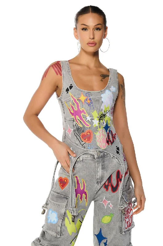 GRAFFITI DETAIL DENIM CORSET TOP